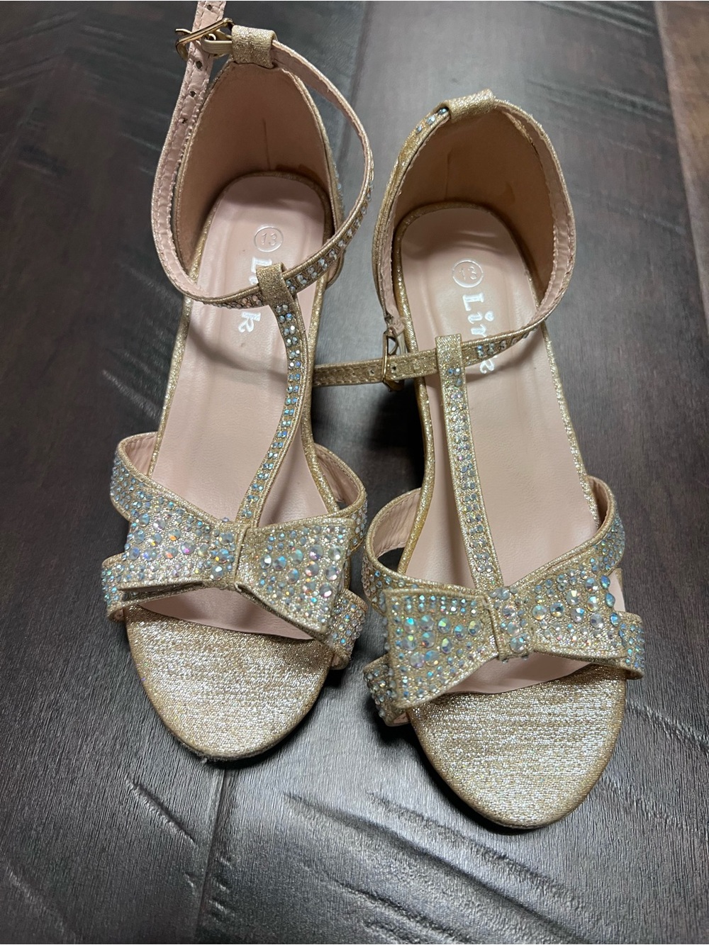 Link Girls Gold T-Strap Bow Dress Sandals with Rhinestones